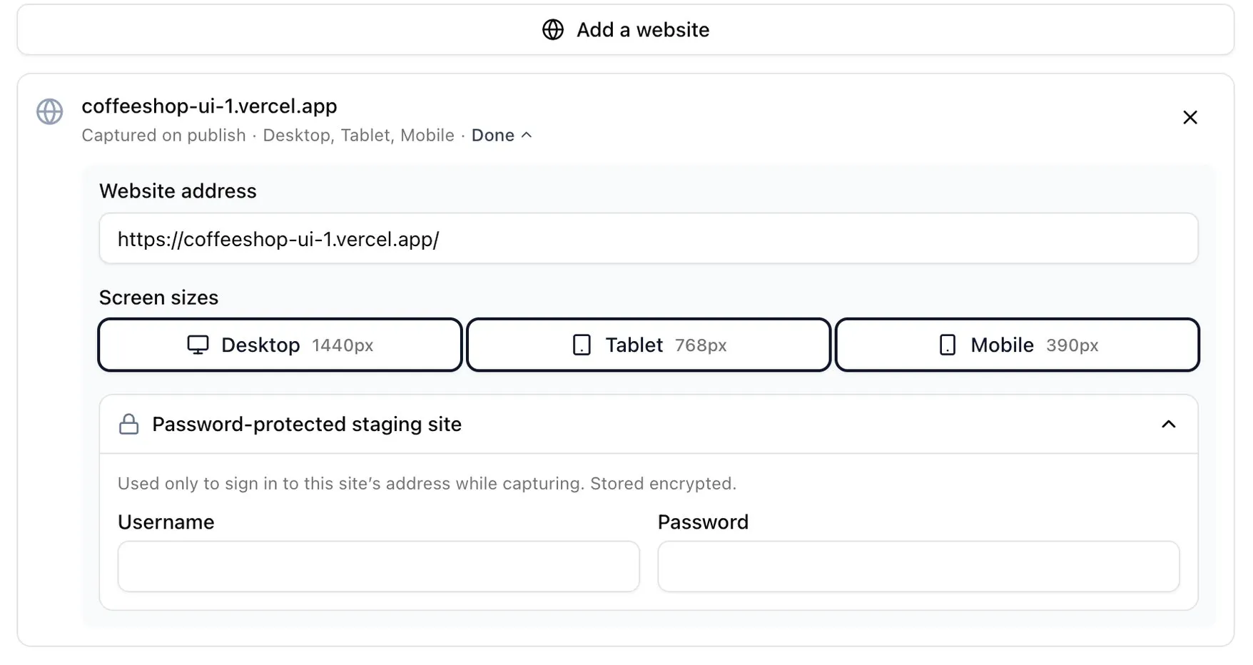 Adding a website to a new proof in ProofNow: the web address, the desktop, tablet and mobile screen sizes, and username and password fields for a password-protected staging site