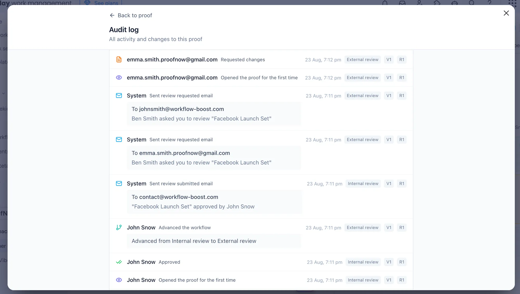 ProofNow audit log showing proof history and activity
