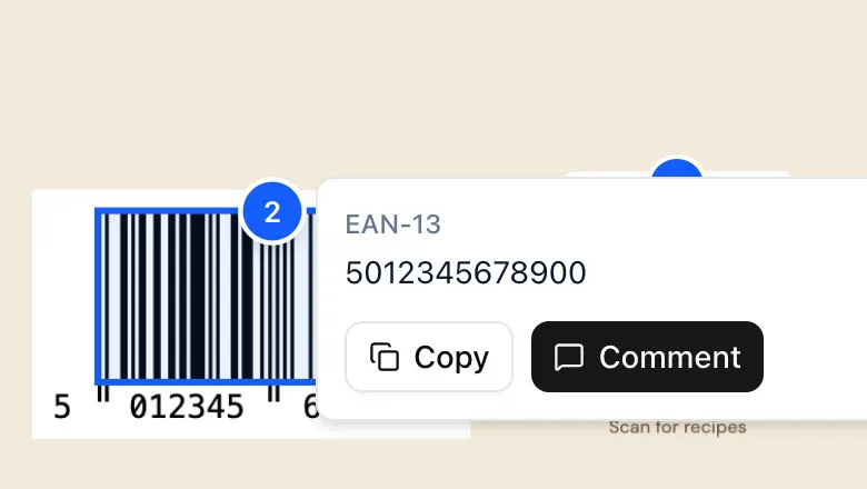 ProofNow detecting an EAN-13 barcode on a cold brew can label and showing its number, 5012345678900, with buttons to copy it or comment
