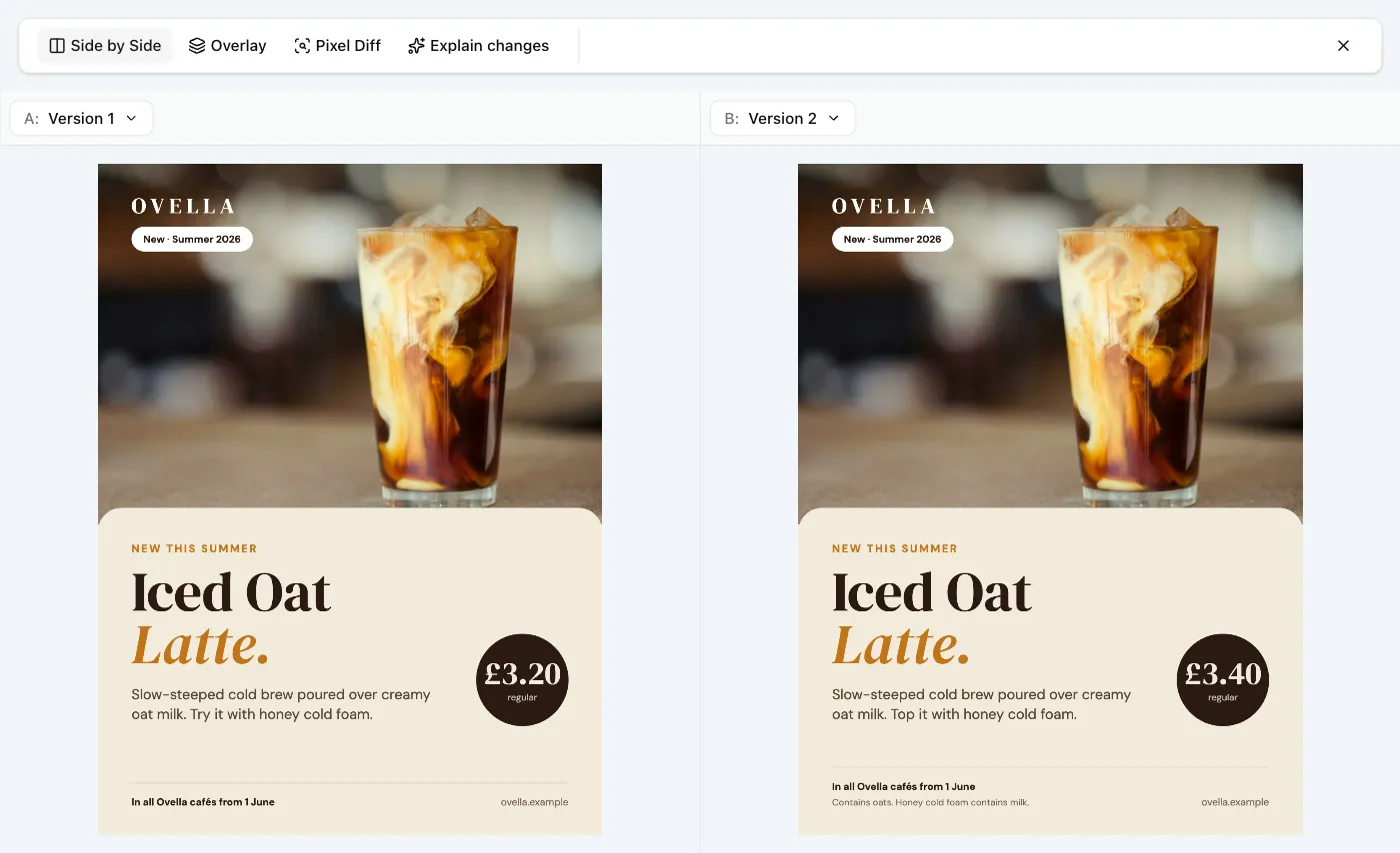 Two versions of the Ovella iced oat latte poster side by side in ProofNow: £3.20 on version 1 and £3.40 on version 2