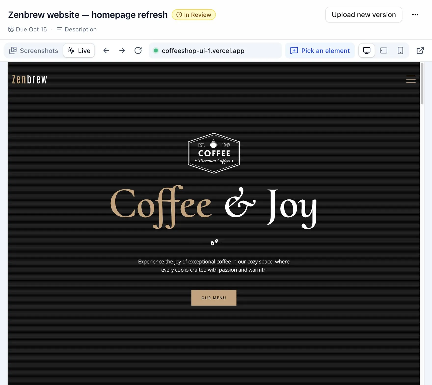 Live mode in ProofNow showing the working Zenbrew website with back, forward and reload buttons and Pick an element switched on