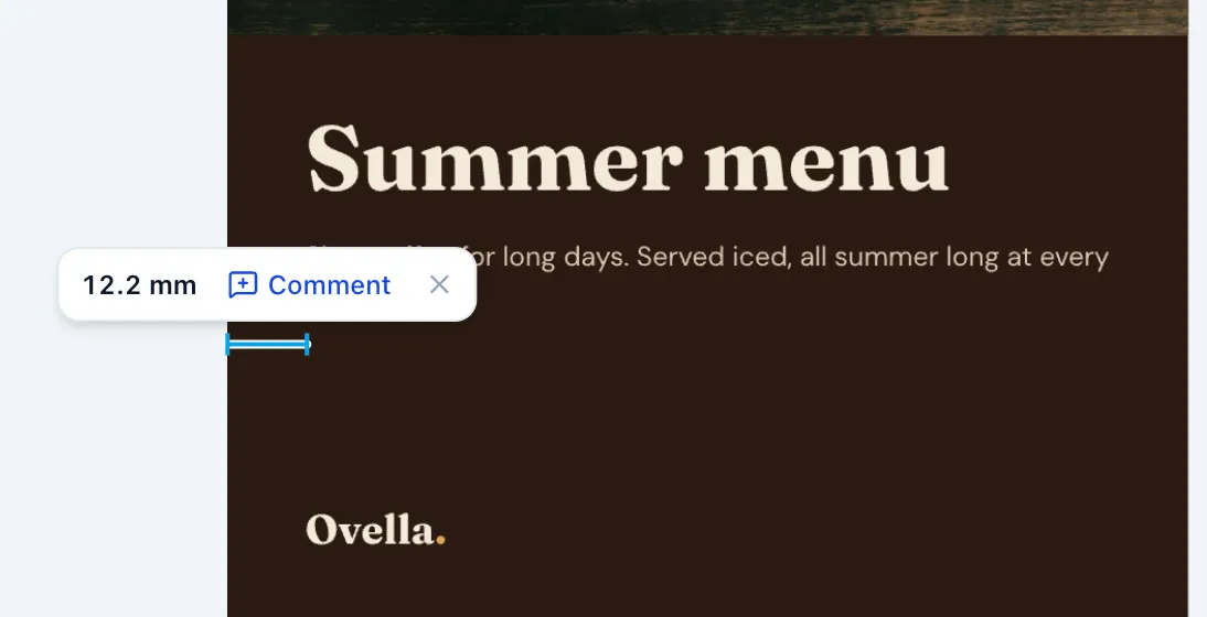 The ProofNow measure tool showing a 12.2 mm margin on a café menu PDF, with a button to turn it into a comment