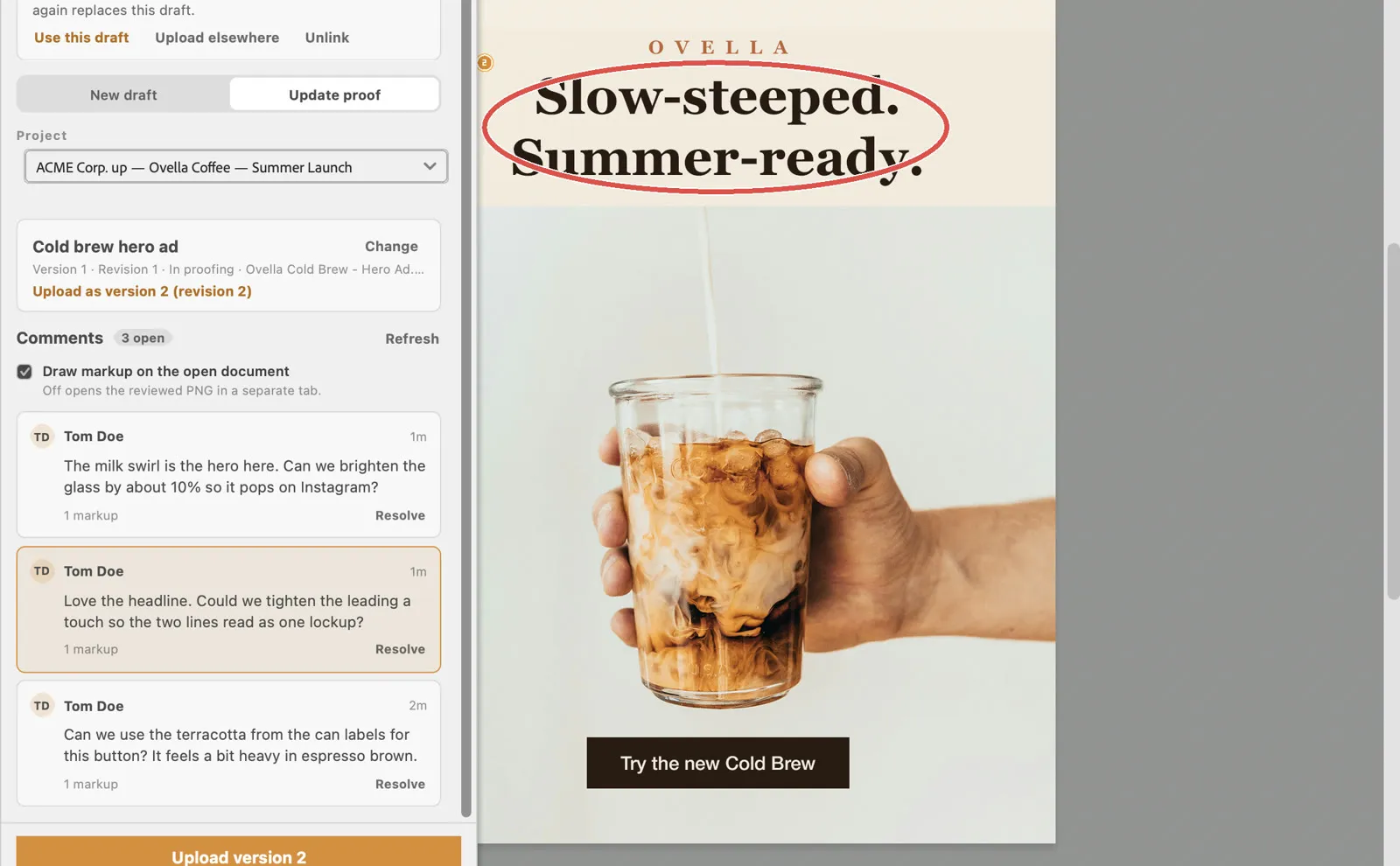 The same circle drawn by ProofNow on the Photoshop canvas, next to the panel's comment list