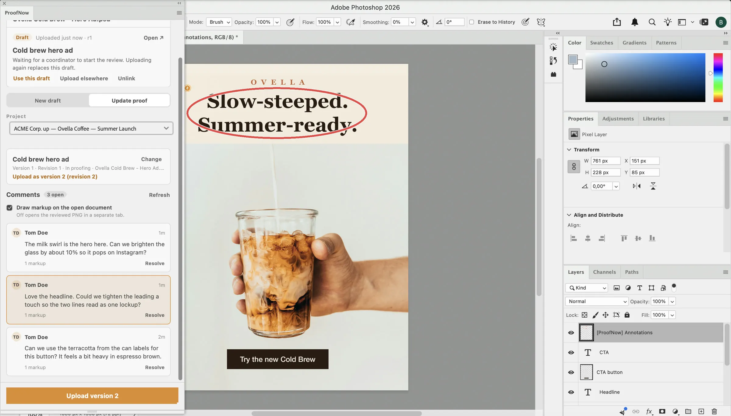 Adobe Photoshop with the ProofNow panel listing reviewer comments and drawing their markup on a cold brew ad