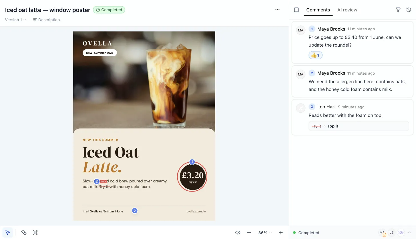 The first version of an Ovella iced oat latte poster in ProofNow, with comments from Maya Brooks about the price and allergen line and a copy change from Leo Hart