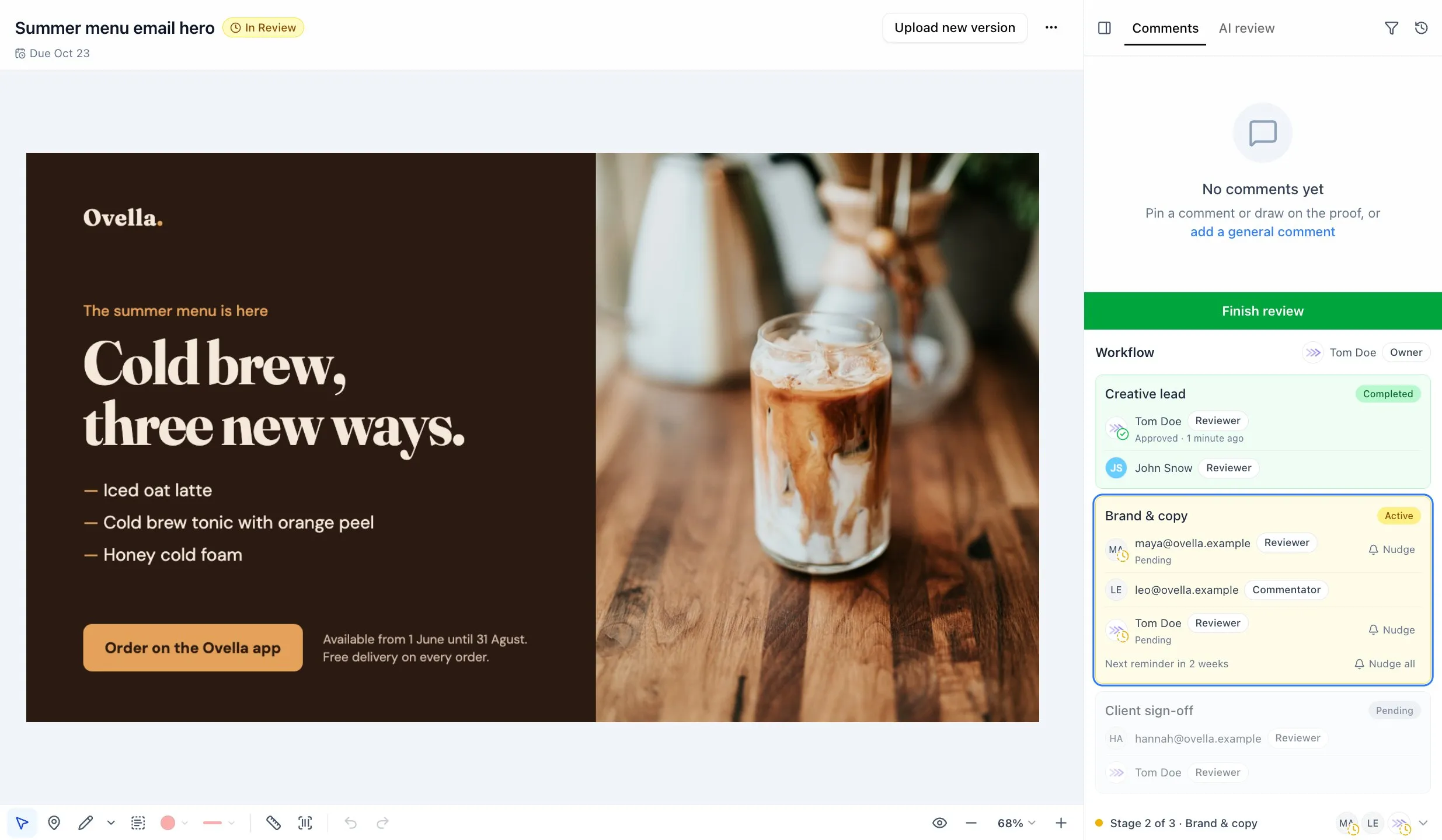 A ProofNow proof of the Ovella cold brew email banner. The workflow panel shows the Creative lead step completed, Brand & copy in progress and Client sign-off waiting