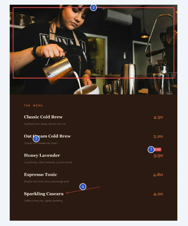 A menu page from an InDesign brochure in ProofNow with a box around the photo, an arrow pointing at a menu item and numbered comment markers